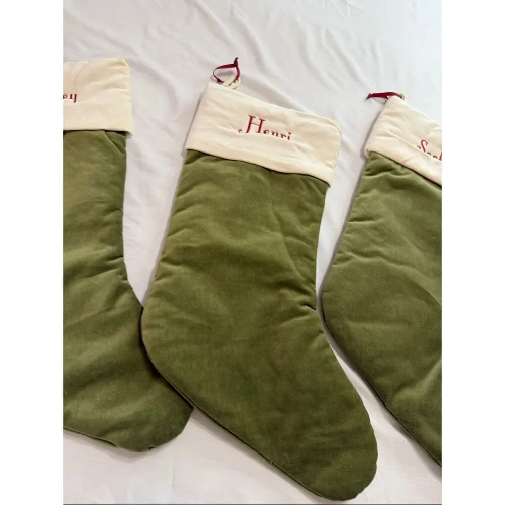 Pottery Barn Classic Med Green Ivory Velvet Christmas Stocking Mono Pick One